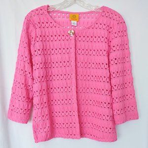 Ruby Rd Pink Knit Open Weave Front Cardigan S Small Jeweled Snap Closure EUC